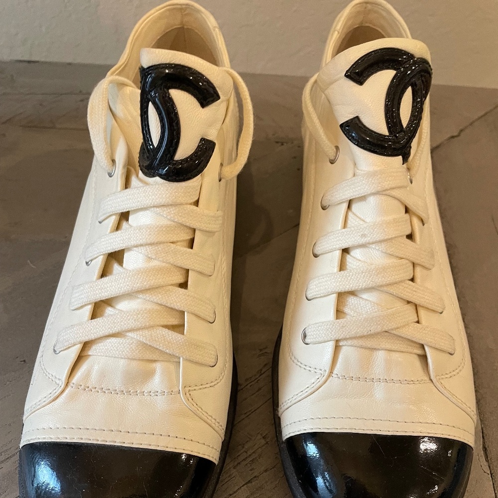 Chanel CC Lambskin Black Cap Toe Sneaker